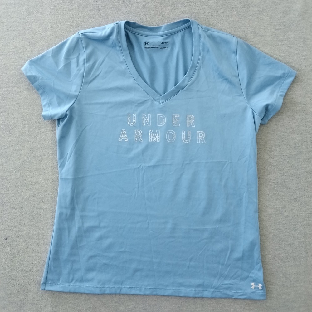 Under Armour Womens HeatGear V-Neck Graphic T-Shirt Light Blue Large Loose Fit
